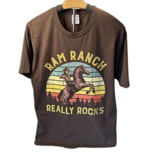 Port & Co. T-Shirt Mn's Sz L Brown With Screen Print, 'Ram Ranch Really Rocks'